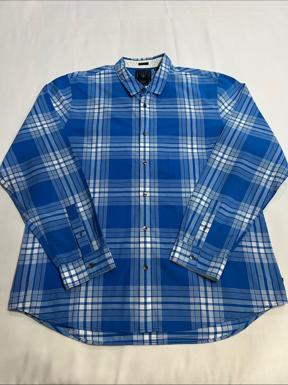 GUESS Blue and White Plaid Button-Down Shirt Slim Fit Size XXL